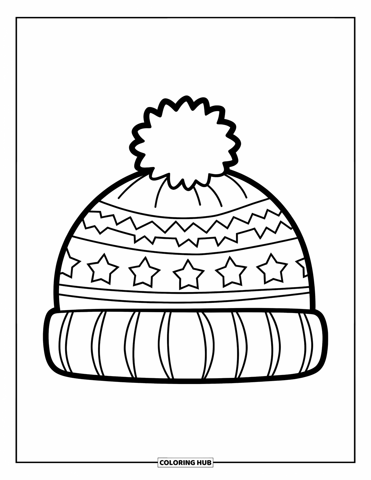 Winter Kleurplaat voor Kinderen: Een gezellige wintermuts met sterren en strepen, ontworpen met gedurfde contouren en eenvoudige patronen