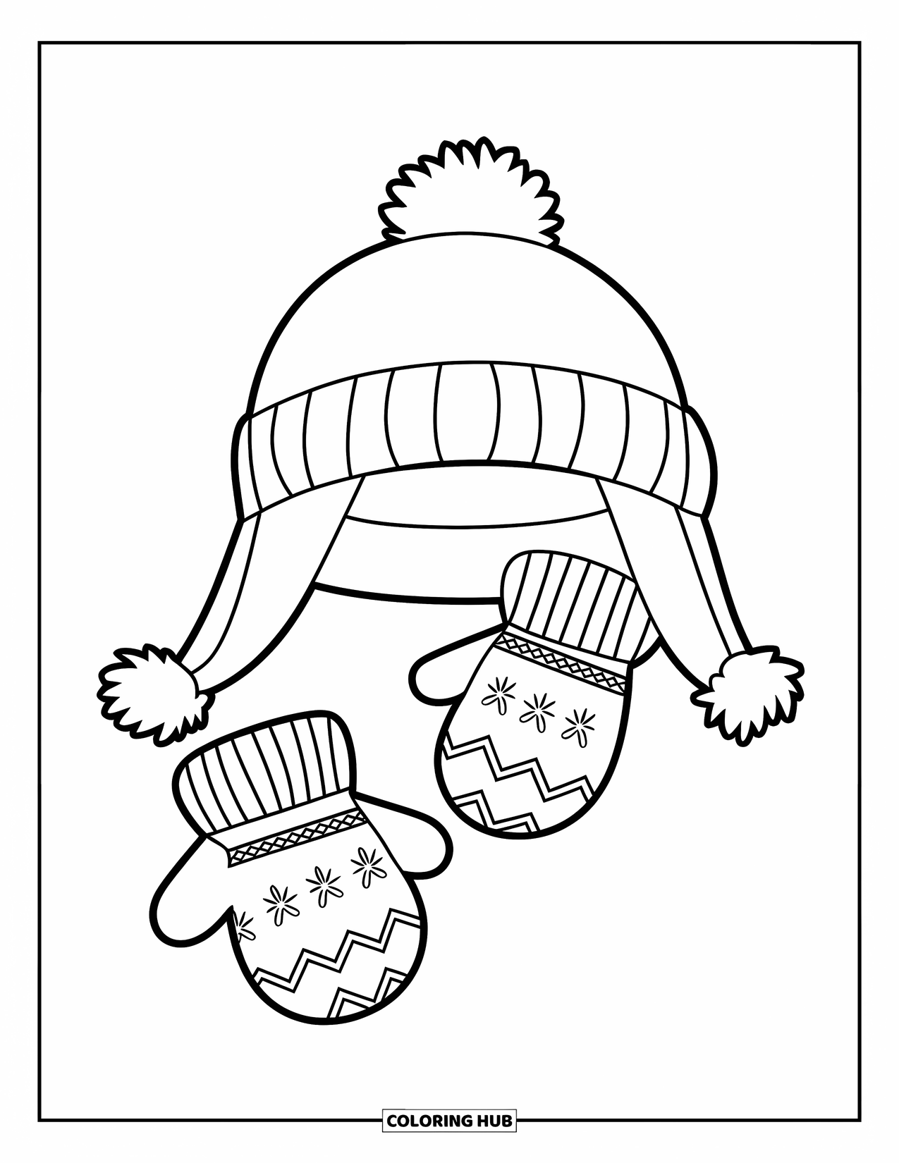 Winter Kleurplaat voor Kinderen: Een gezellige winteroutfit met een pluizige muts en wanten met een eenvoudig patroon