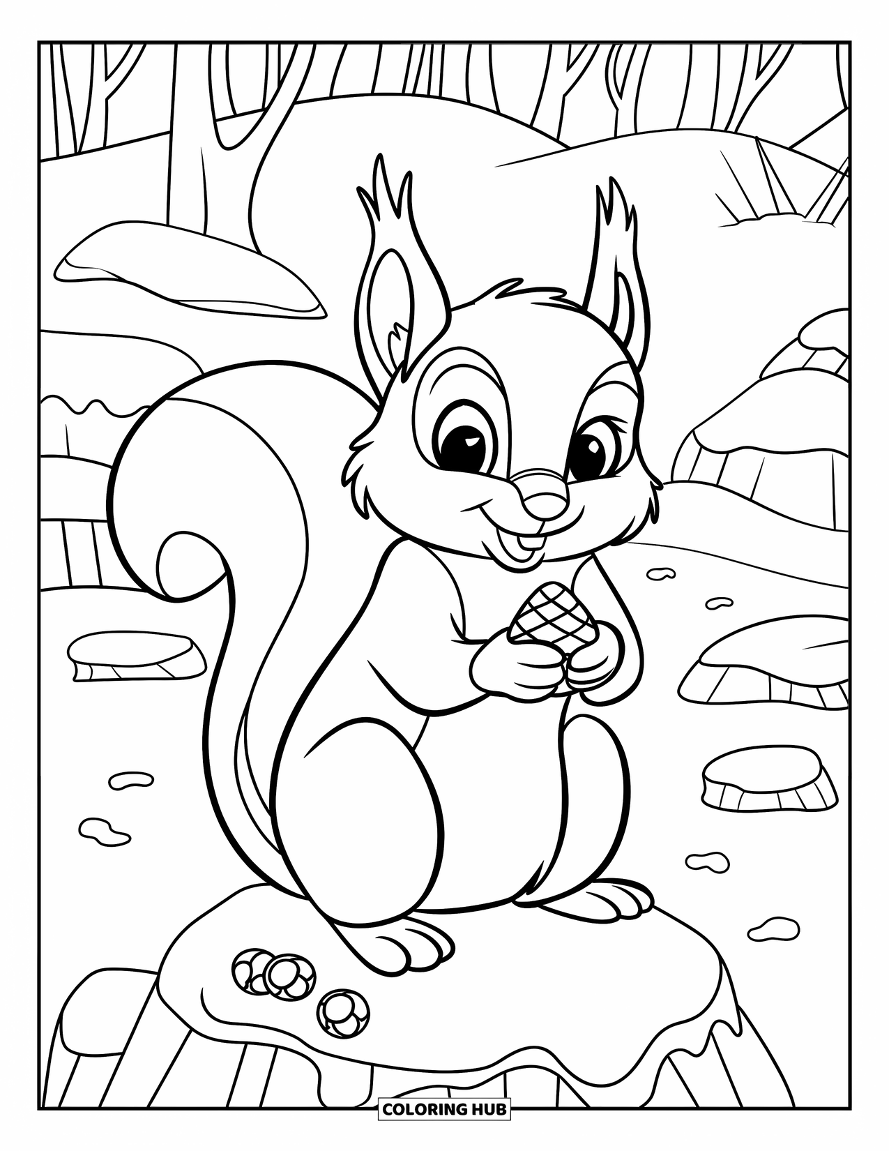 Winter Kleurplaat voor Kinderen: Een schattige eekhoorn met wijd open ogen die op een besneeuwde rots zit, omringd door winterbessen en bomen