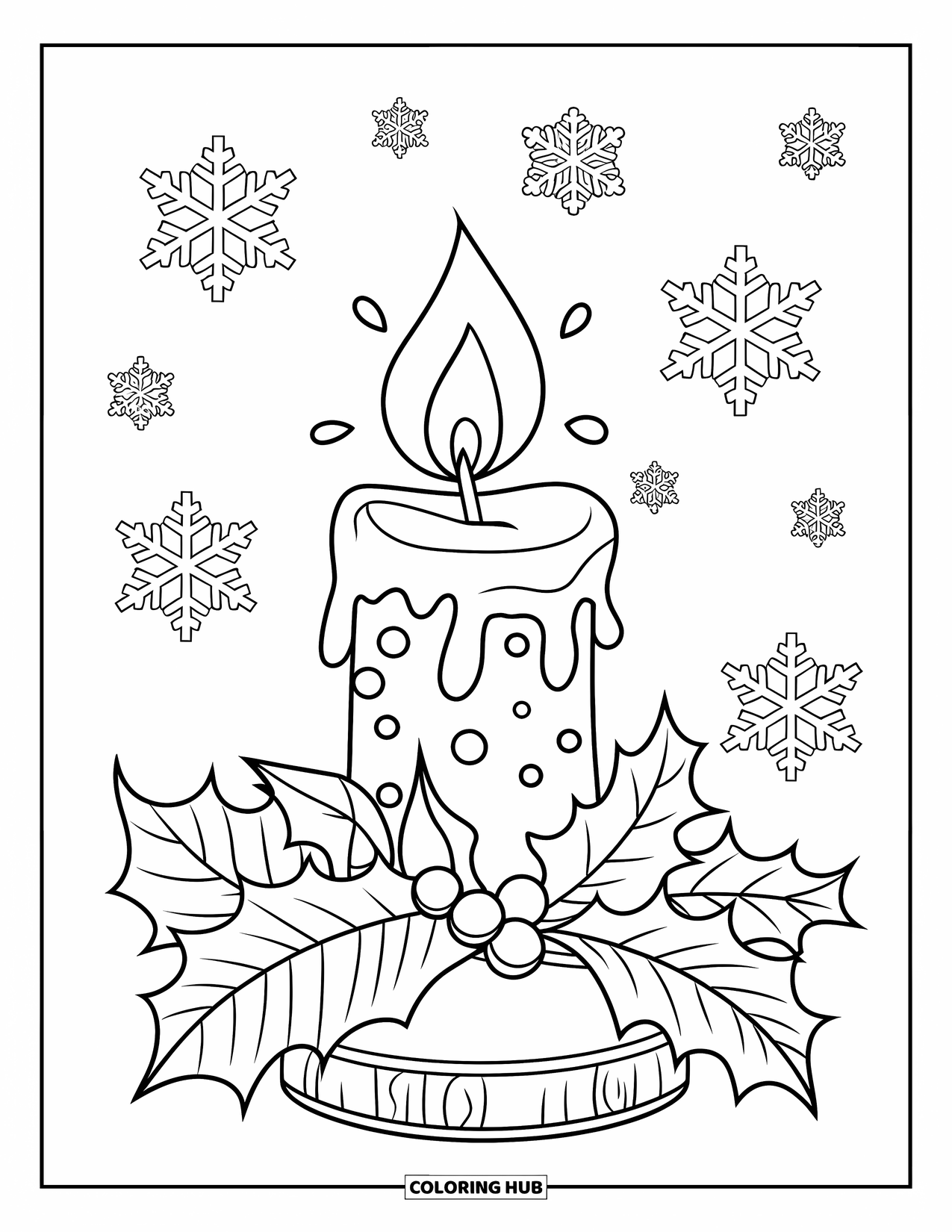 Winter Kleurplaat voor Kinderen: Een decoratieve kaars op een houten voet, omringd door hulstbladeren en wintergroen