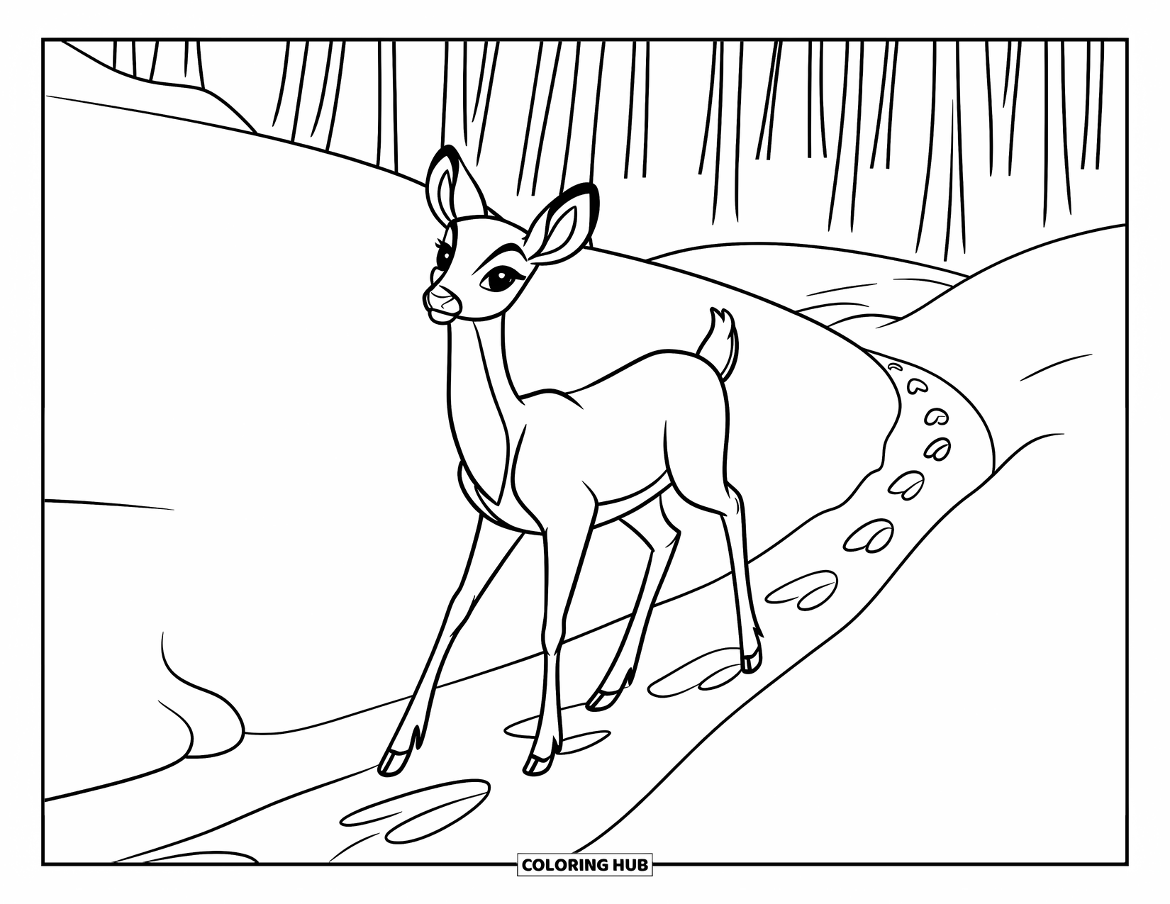 Winter Kleurplaat voor Kinderen: Een hert dat door diepe sneeuw stapt en een spoor van voetstappen achterlaat langs een rustig bospad