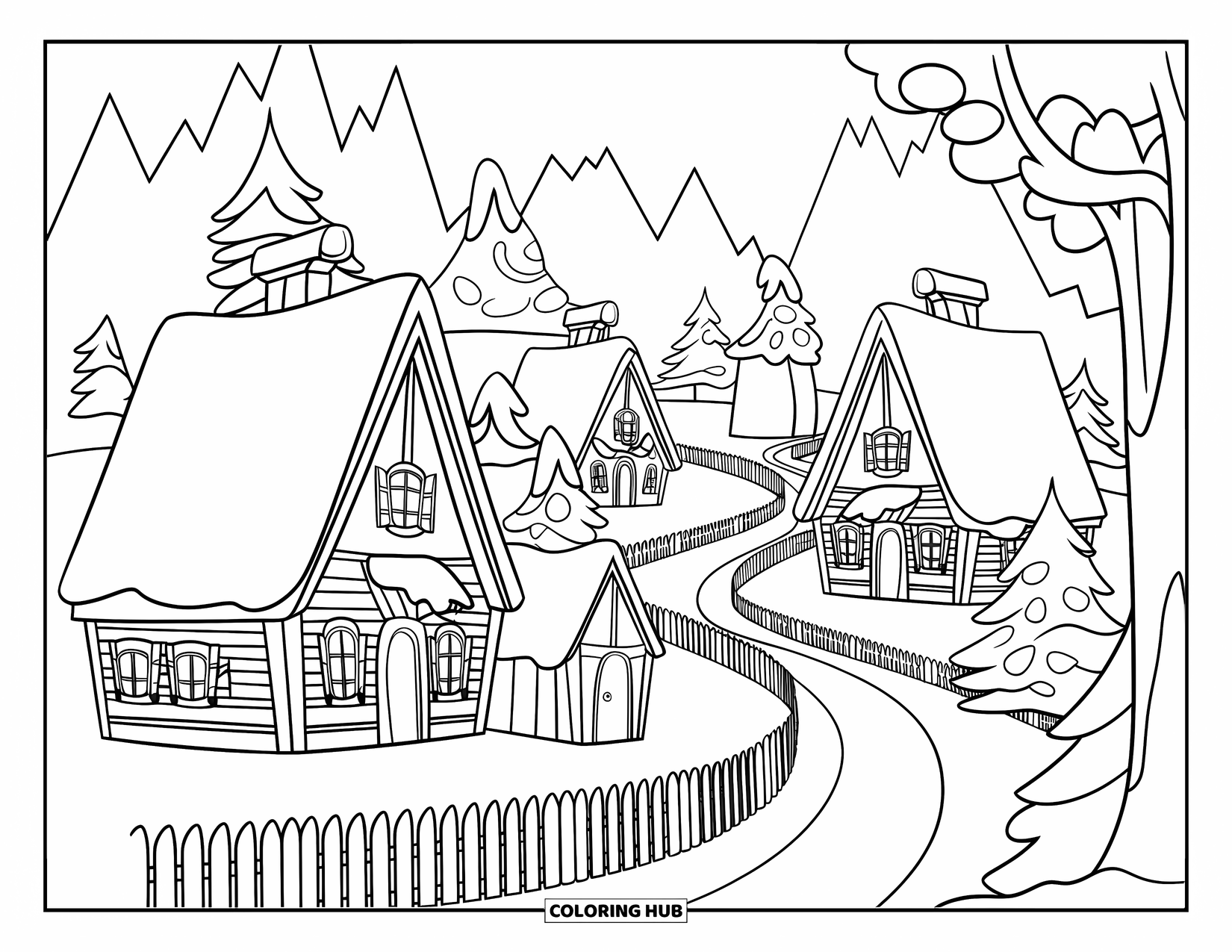 Winter Kleurplaat voor Kinderen: Een sprookjesachtig winterdorp met met sneeuw bedekte huizen, een schutting en een kronkelend pad