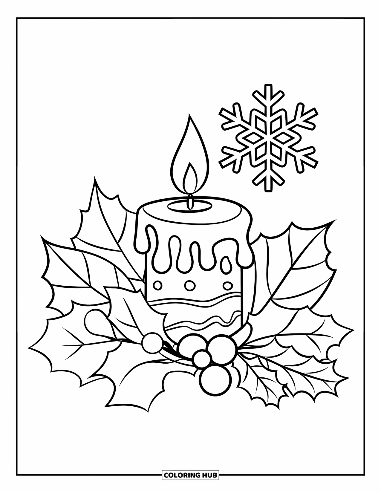 Winter Kleurplaat voor Kinderen: Een feestelijke kaars met hulsttakjes en een sneeuwvlok erboven, rustend ernaast