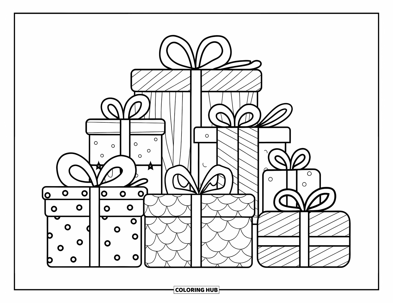 Winter Kleurplaat voor Kinderen: Een feestelijke stapel wintercadeaus, versierd met linten en strikken in verschillende ontwerpen