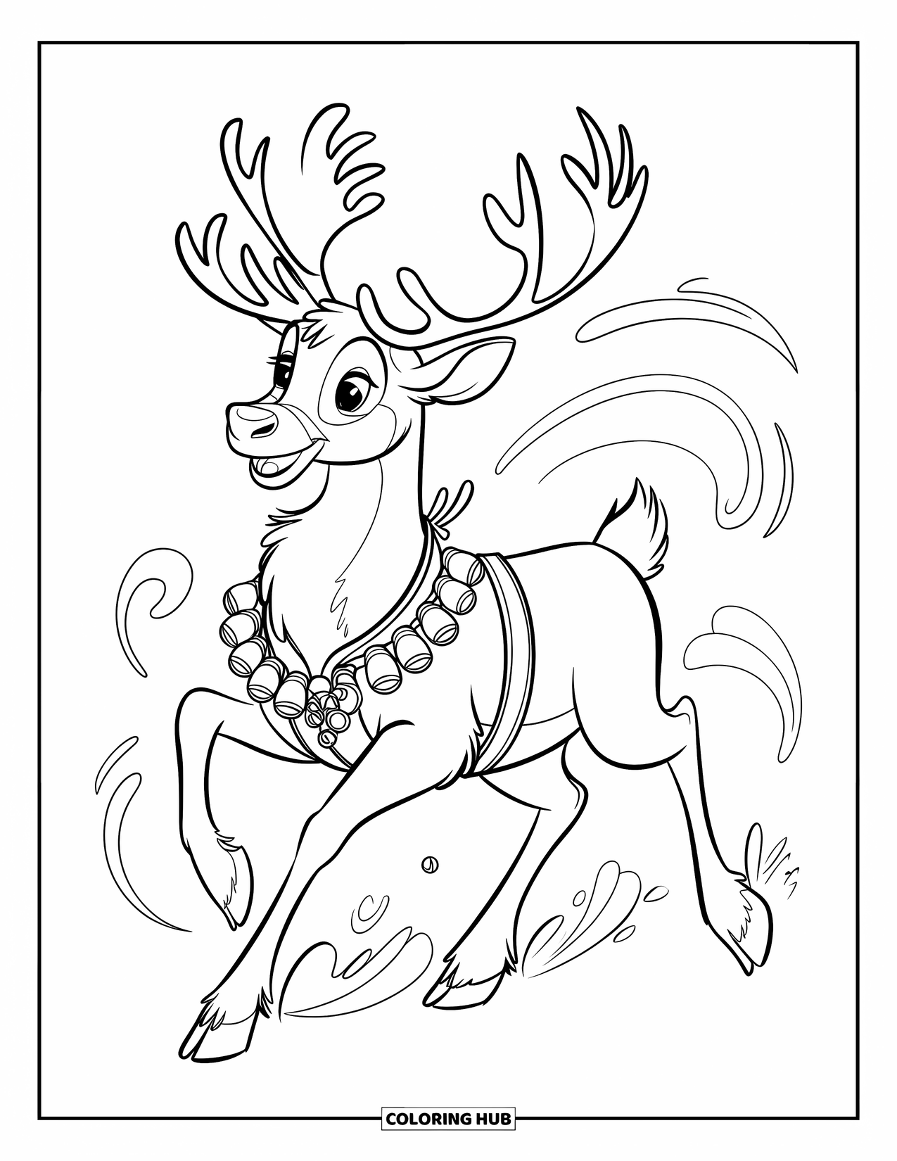 Winter Kleurplaat voor Kinderen: Een feestelijk rendier dat door de wind huppelt, met zijn tuig dat rinkelt met decoratieve bellen