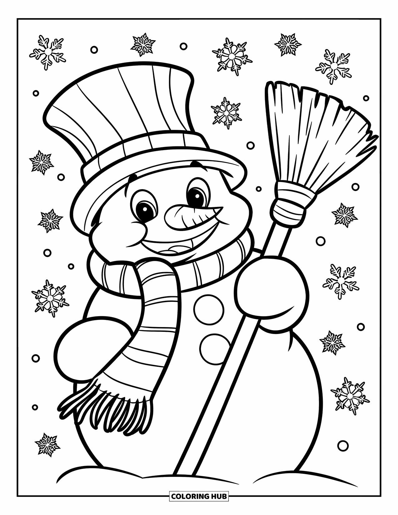 Winter Kleurplaat voor Kinderen: Een feestelijke sneeuwpop die een bezemsteel vasthoudt, ingepakt in een warme sjaal met sneeuwvlokken eromheen