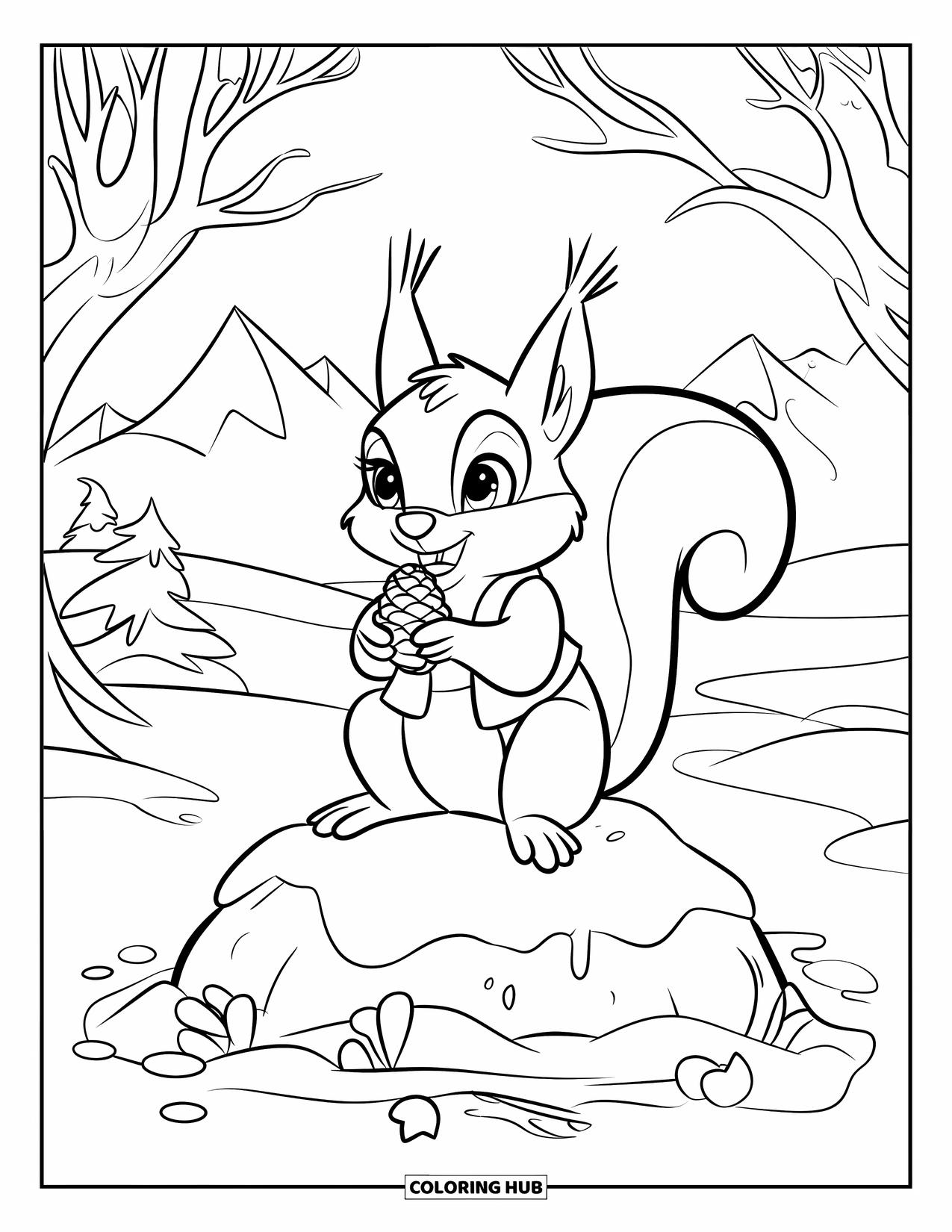 Winter Kleurplaat voor Kinderen: Een eekhoorn met een pluizige staart die een vest draagt, zittend op een besneeuwde rots en een kleine dennenappel vasthoudt