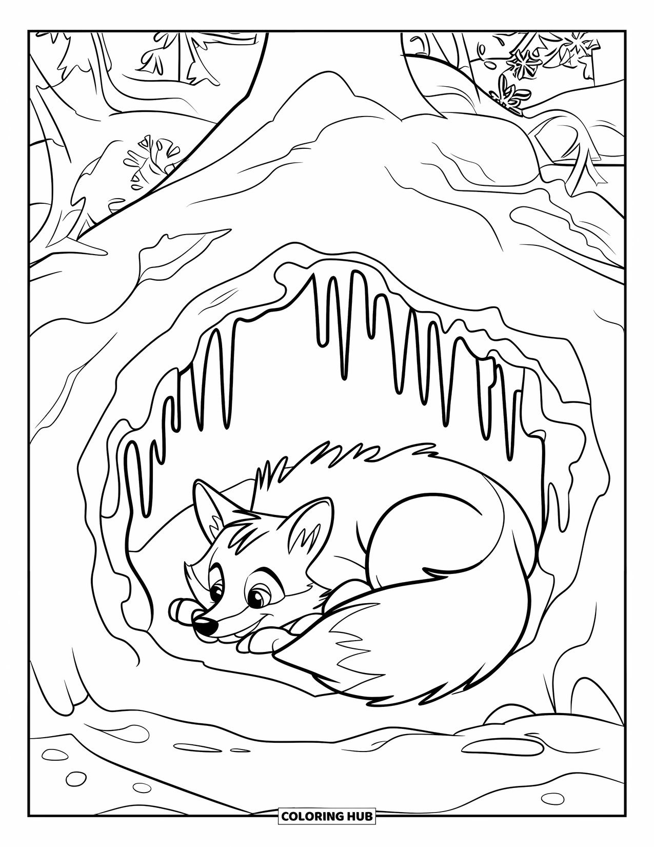 Winter Kleurplaat voor Kinderen: Een vos opgerold in een besneeuwd hol, met ijspegels die aan de ingang hangen en winterbloemen in de buurt