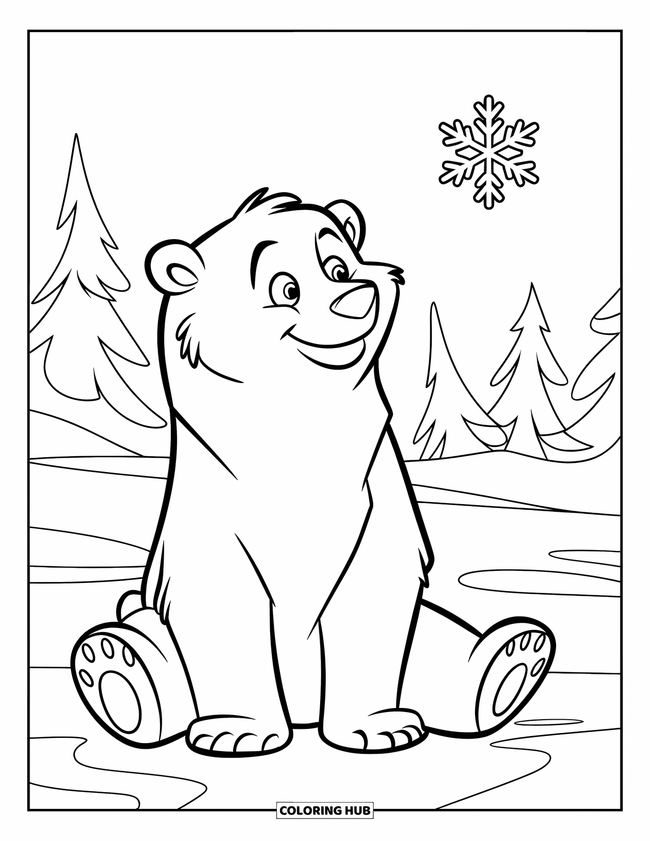 Winter Kleurplaat voor Kinderen: Een vriendelijke ijsbeer die in de sneeuw zit en opkijkt naar een vallende sneeuwvlok
