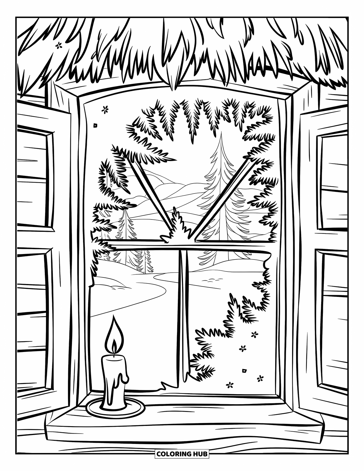 Winter Kleurplaat voor Kinderen: Een bevroren raam in een gezellige hut, met een kaars die gloeit en een besneeuwd pad dat naar buiten leidt