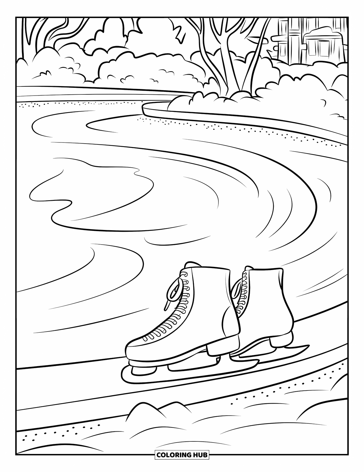 Winter Kleurplaat voor Kinderen: Een bevroren vijver met zachte rimpelingen, met een paar laarzen aan de rand, klaar om te schaatsen