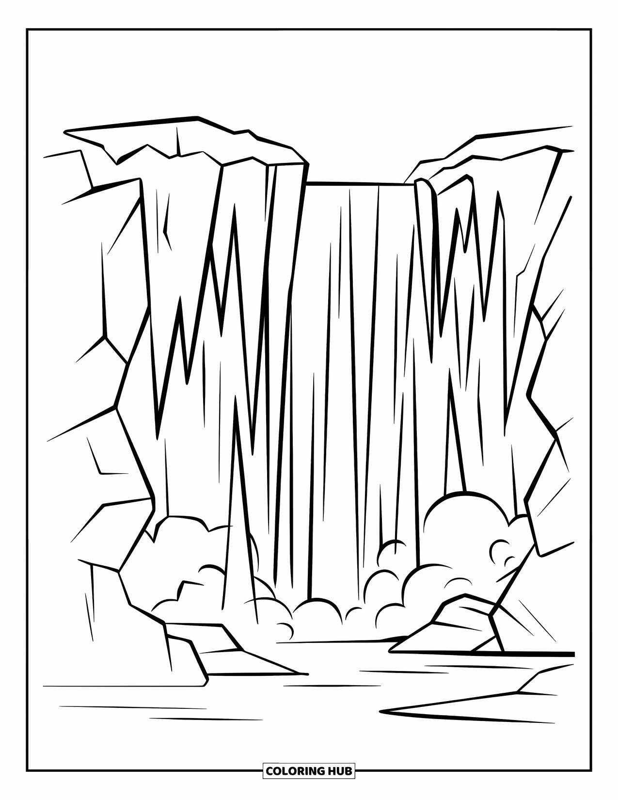 Winter Kleurplaat voor Kinderen: Een bevroren waterval met gekartelde ijspegels die aan de klif hangen, omringd door mist en besneeuwde bomen