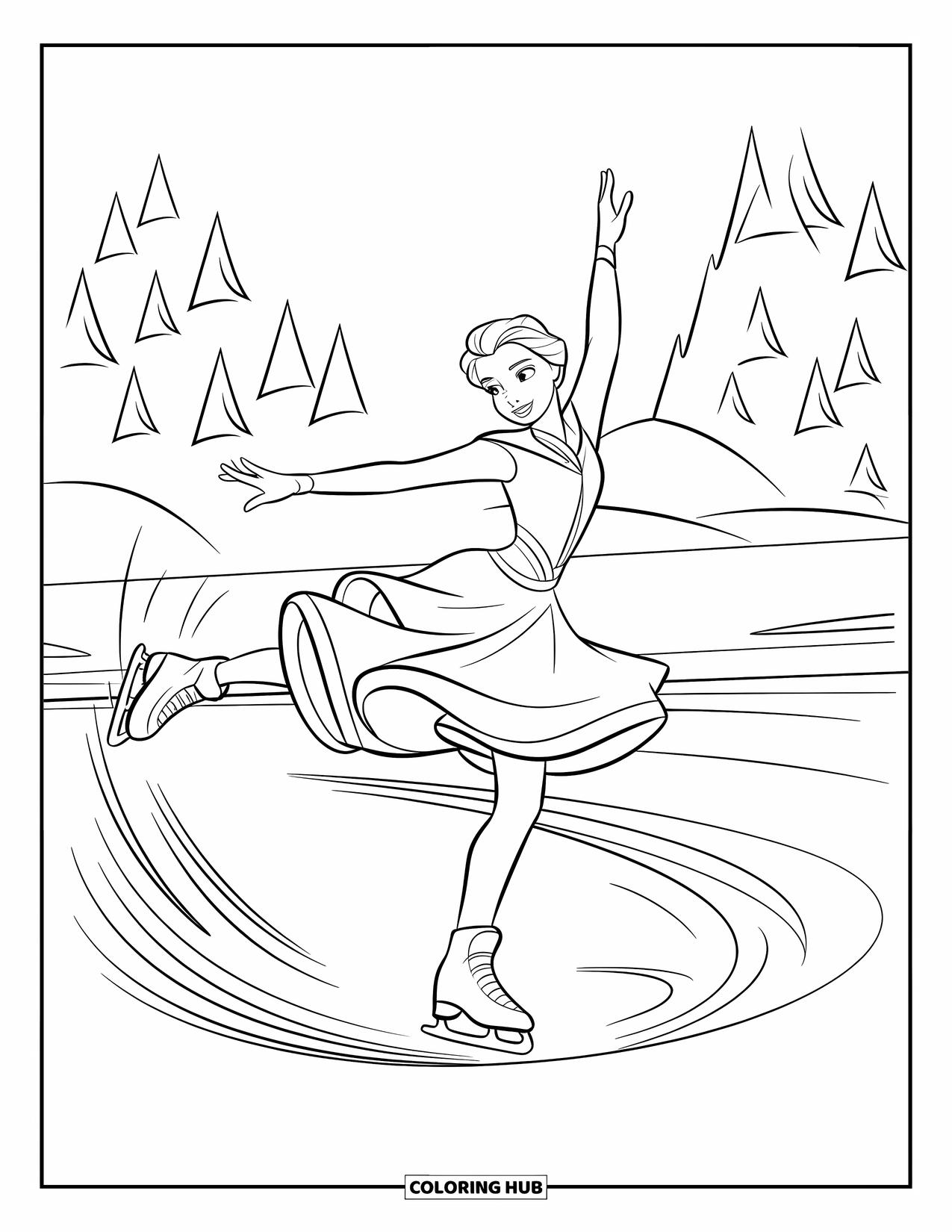 Winter Kleurplaat voor Kinderen: Een sierlijke kunstschaatser midden in een draai, gekleed in een vloeiende winteroutfit, glijdend over het ijs