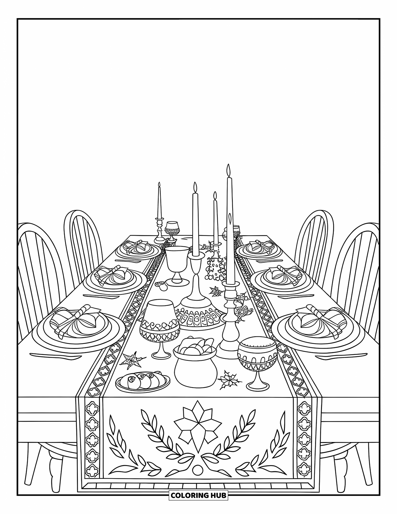 Winter Kleurplaat voor Kinderen: Een grandioze feesttafel met seizoensgebonden lekkernijen, kaarsen en een ingewikkelde tafelloper