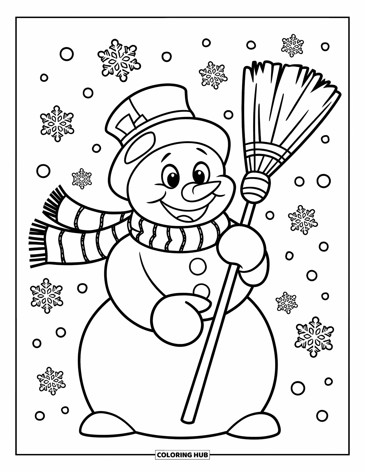 Winter Kleurplaat voor Kinderen: Een vrolijke sneeuwpop met een sjaal en een hoge hoed, omringd door zacht vallende sneeuwvlokken