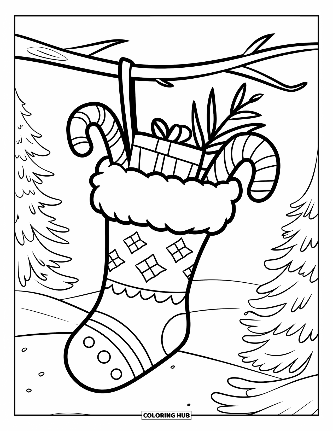 Winter Kleurplaat voor Kinderen: Een feestelijke kous die aan een tak hangt, gevuld met zuurstokken, cadeaus en wintergroen