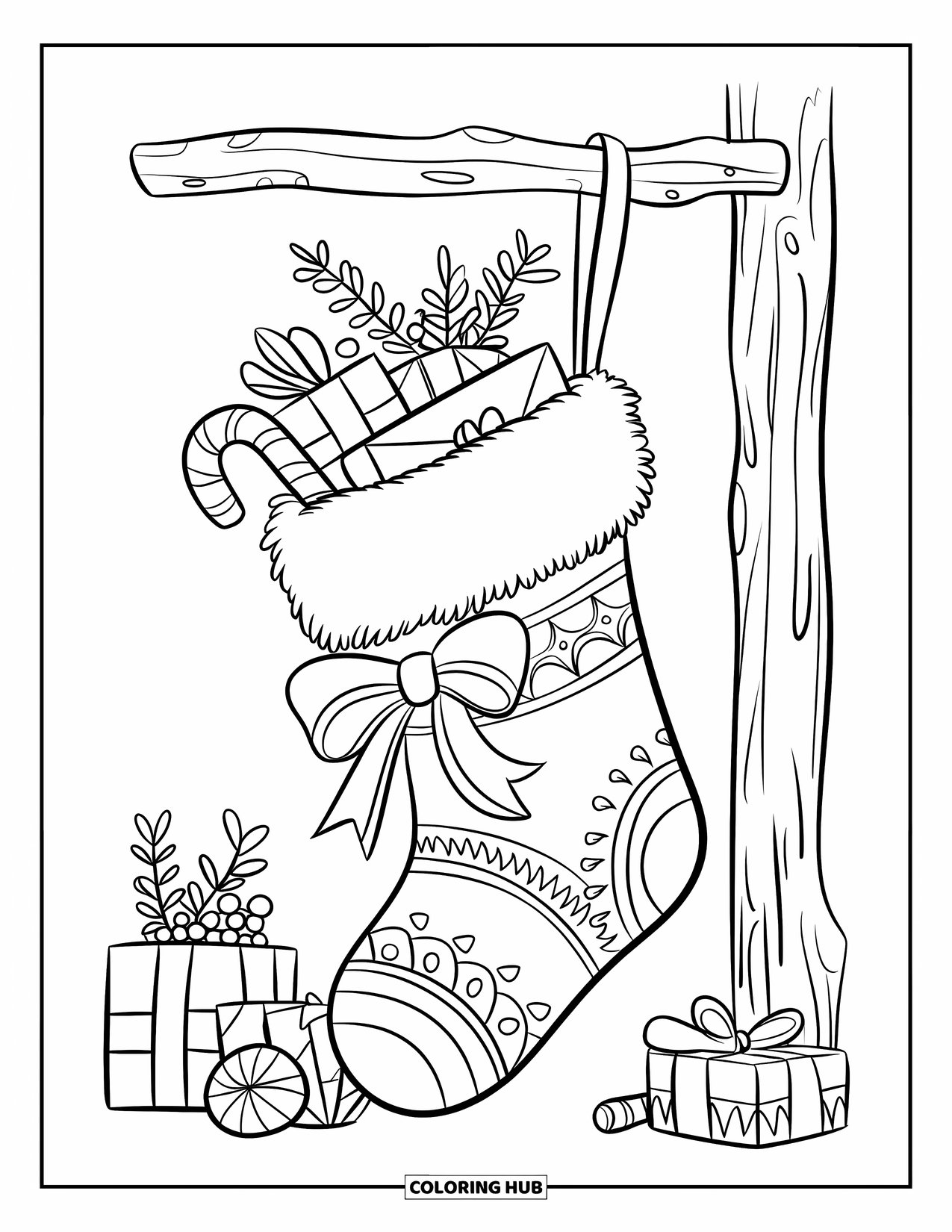 Winter Kleurplaat voor Kinderen: Een feestelijke kous die aan een houten paal hangt, gevuld met zuurstokken, cadeaus en wintergroen