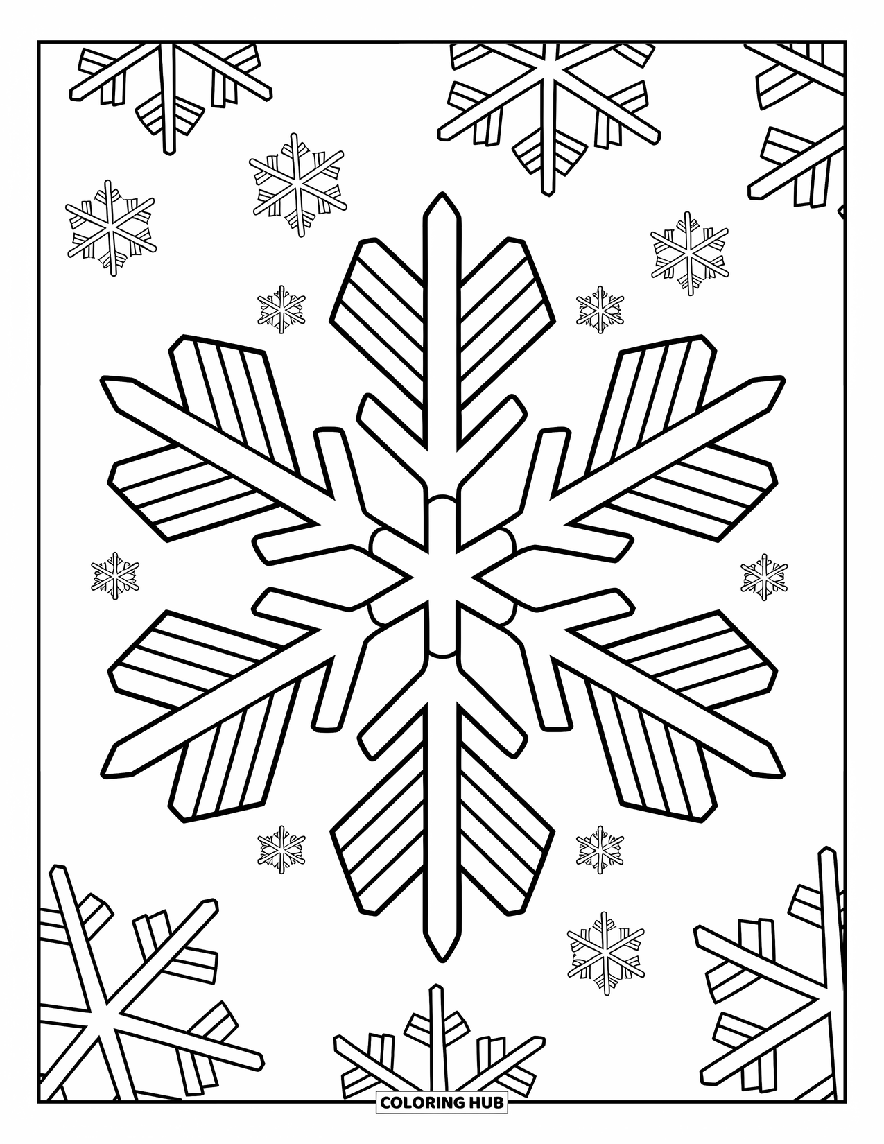 Winter Kleurplaat voor Kinderen: Een grote sneeuwvlok met symmetrische patronen, omringd door kleinere zwevende sneeuwvlokken