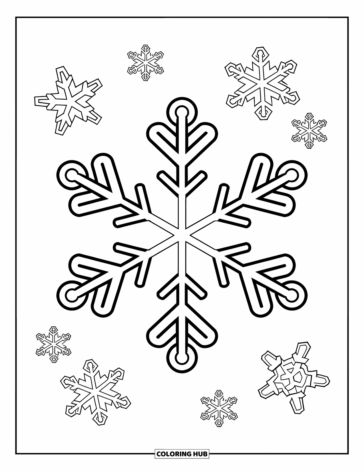 Winter Kleurplaat voor Kinderen: Een grote, symmetrische sneeuwvlok met speelse patronen, omringd door kleinere dwarrelende sneeuwvlokken