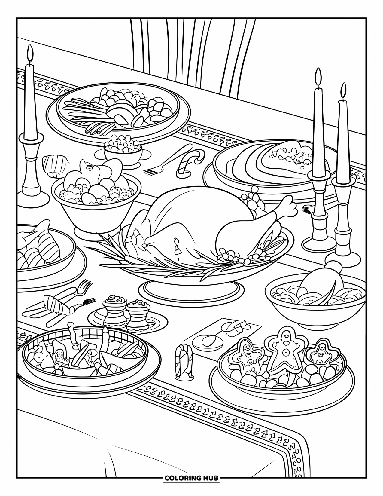 Winter Kleurplaat voor Kinderen: Een weelderige feesttafel gevuld met seizoensgebonden gerechten, feestelijke lekkernijen en gloeiende kaarsen