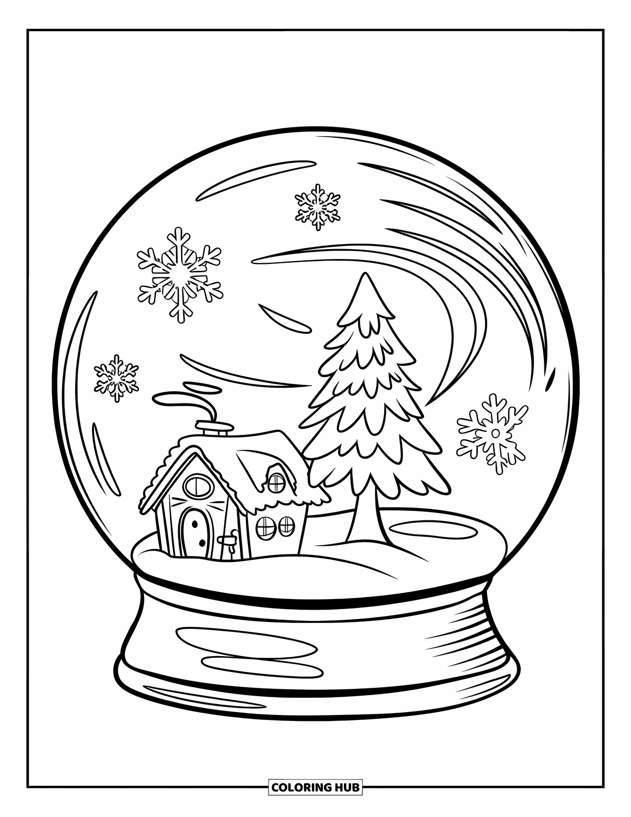 Winter Kleurplaat voor Kinderen: Een magische sneeuwbol met een klein huisje, een besneeuwde boom en delicate dwarrelende sneeuwvlokken