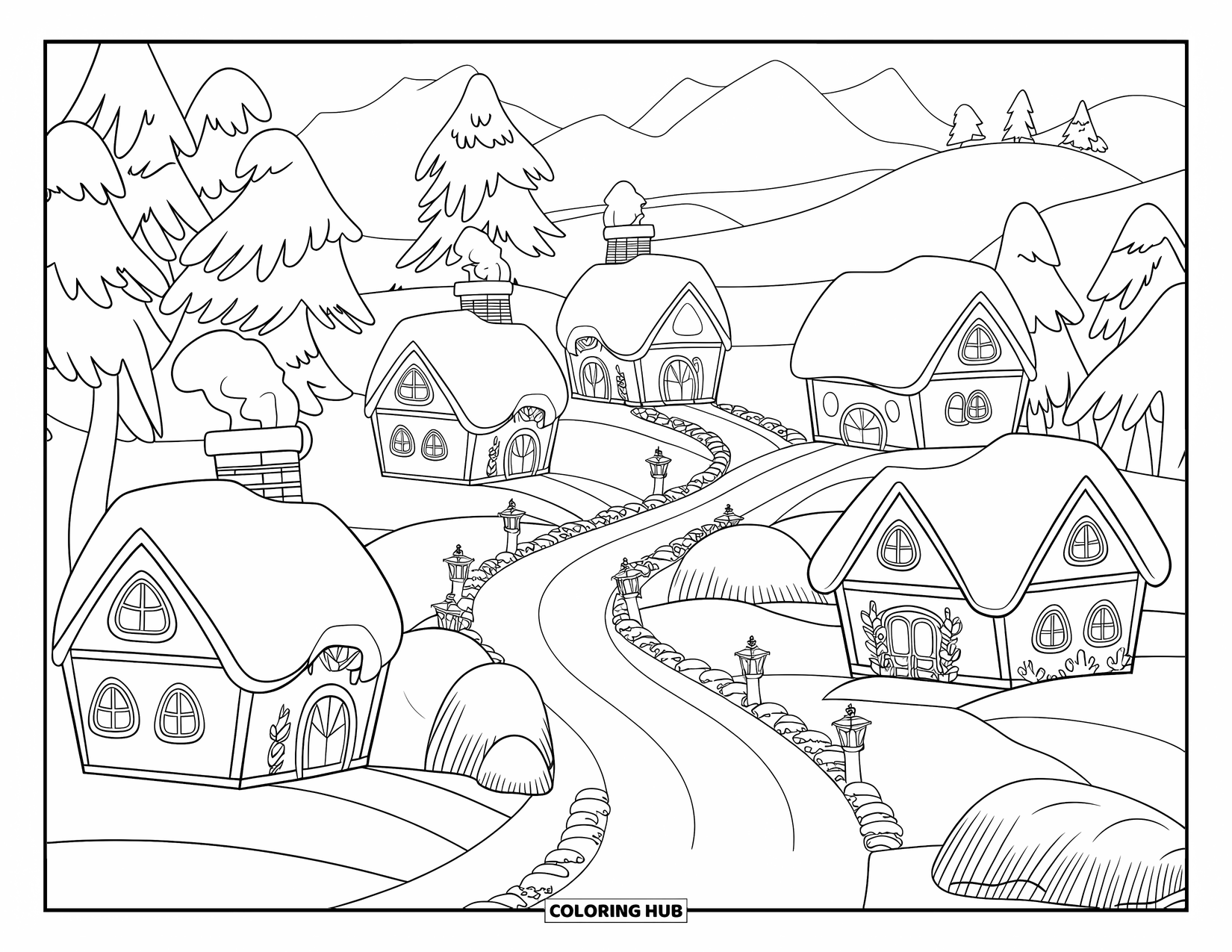 Winter Kleurplaat voor Kinderen: Een magisch winterdorp met door lantaarns verlichte paden, besneeuwde daken en rook die uit de schoorstenen opstijgt