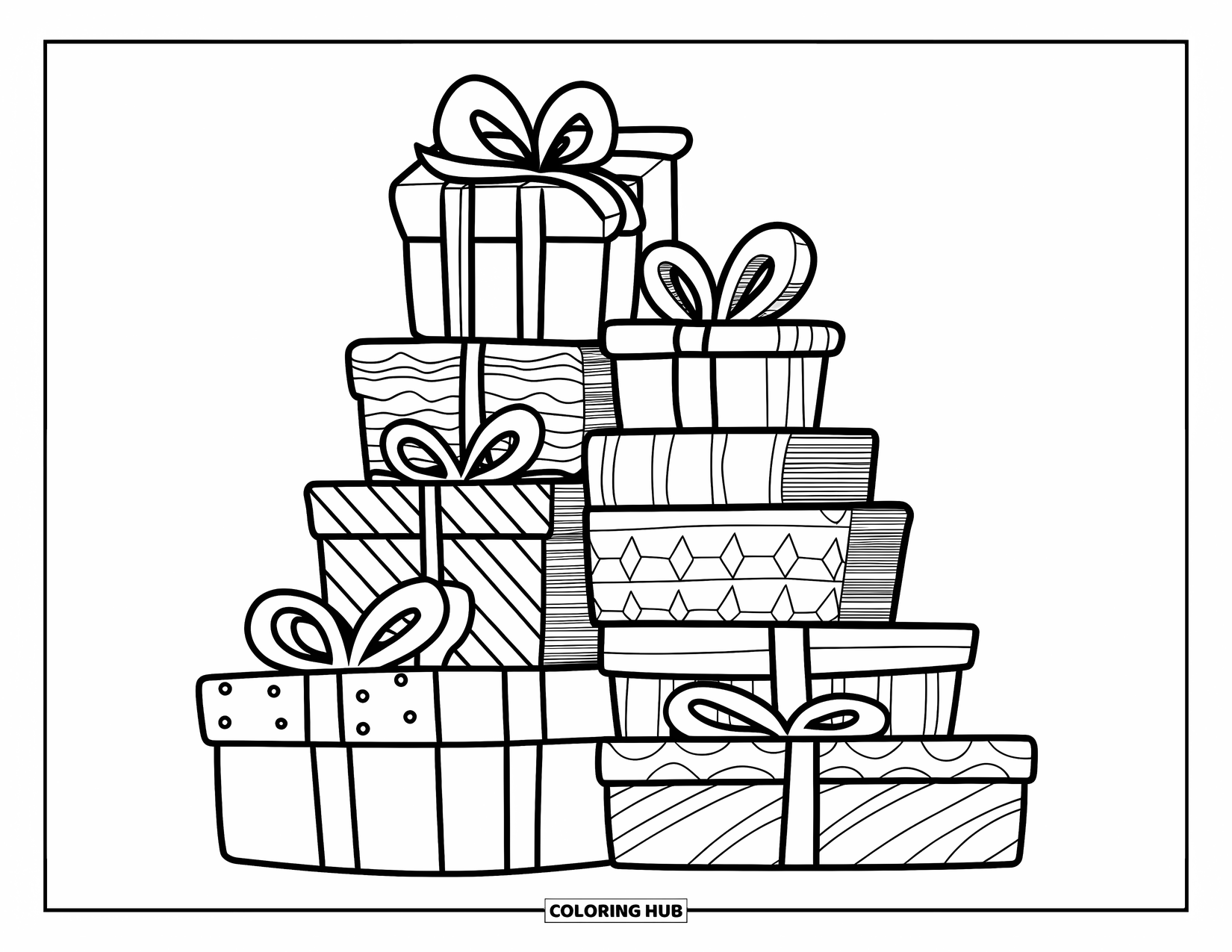 Winter Kleurplaat voor Kinderen: Een netjes gestapelde schikking van wintercadeaus, rustend op een houten voet met ingewikkelde patronen