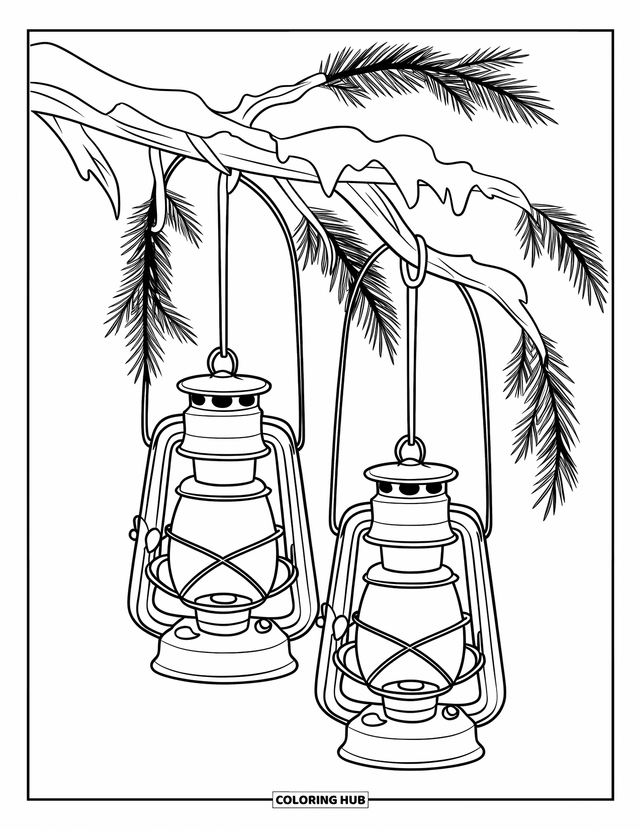Winter Kleurplaat voor Kinderen: Een paar gloeiende lantaarns die aan een besneeuwde tak hangen, versierd met dennentakken