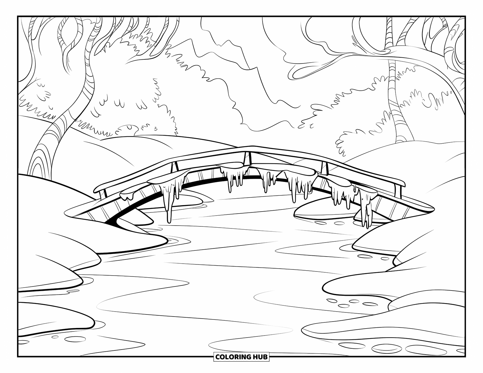 Winter Kleurplaat voor Kinderen: Een vredige brug over een gedeeltelijk bevroren rivier, omlijst door bomen en bergen in de verte