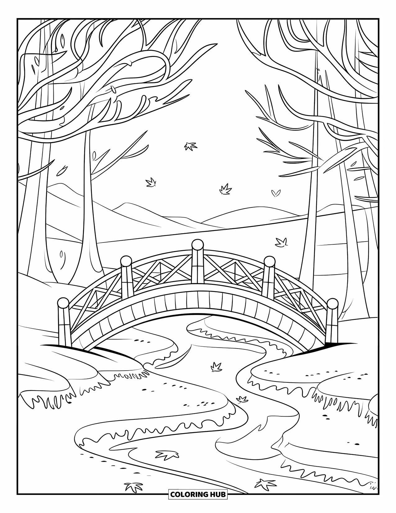 Winter Kleurplaat voor Kinderen: Een vredige brug met metalen leuningen die zich uitstrekt over een ijskoude beek, omlijst door winterbomen