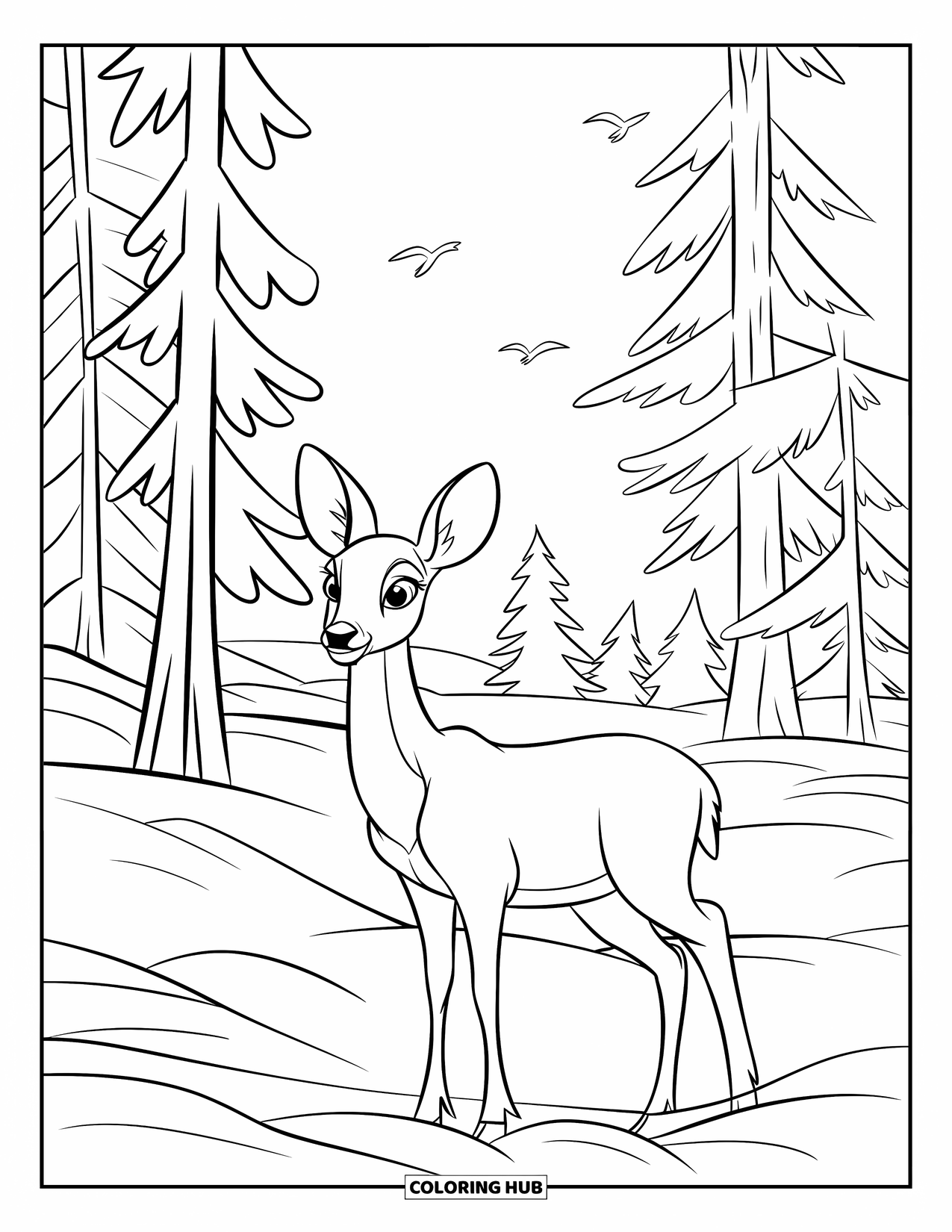 Winter Kleurplaat voor Kinderen: Een vredig hert dat in een uitgestrekt, met sneeuw bedekt bos staat, met vogels die boven de boomtoppen vliegen
