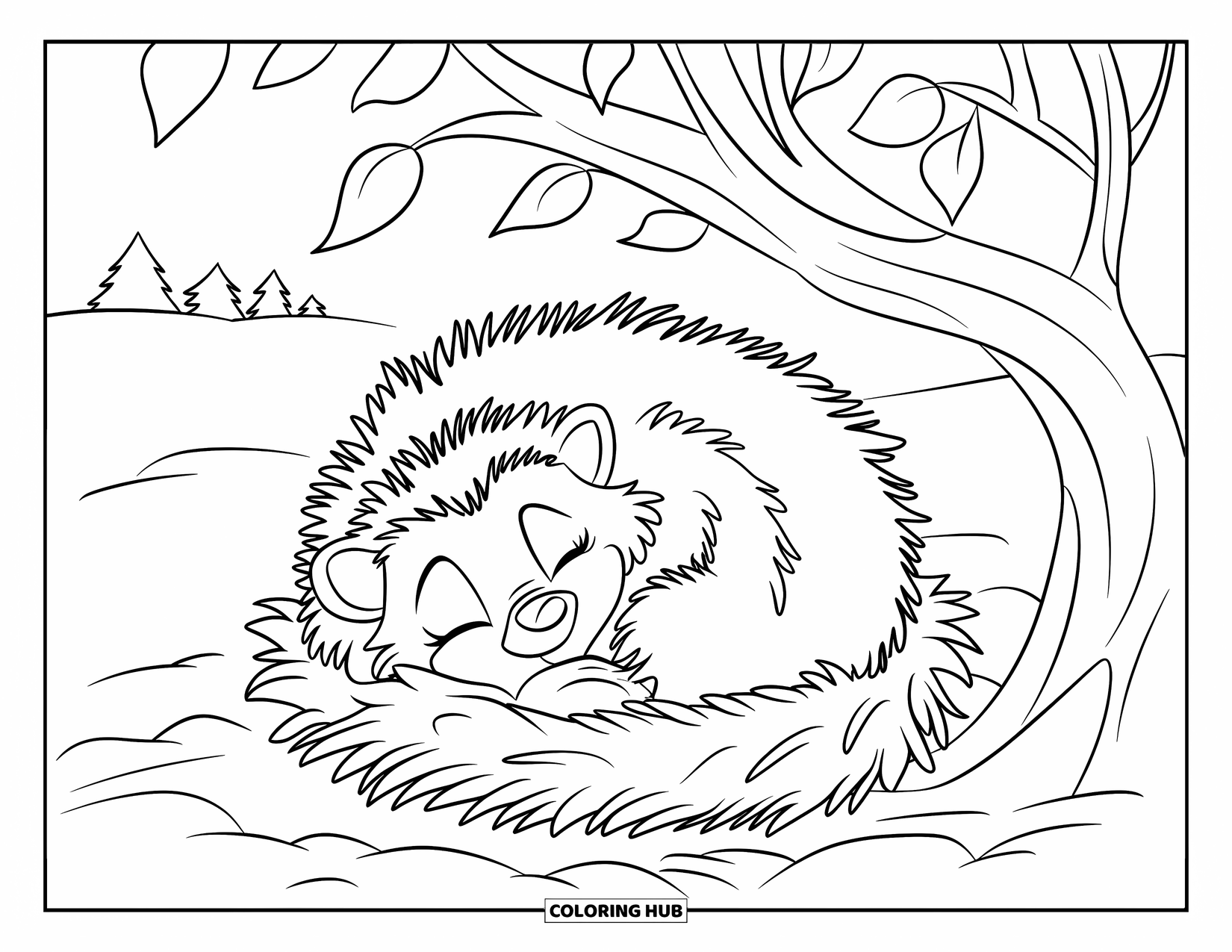 Winter Kleurplaat voor Kinderen: Een vredige egel genesteld in winterbladeren, met een besneeuwd veld en kleine bomen op de achtergrond