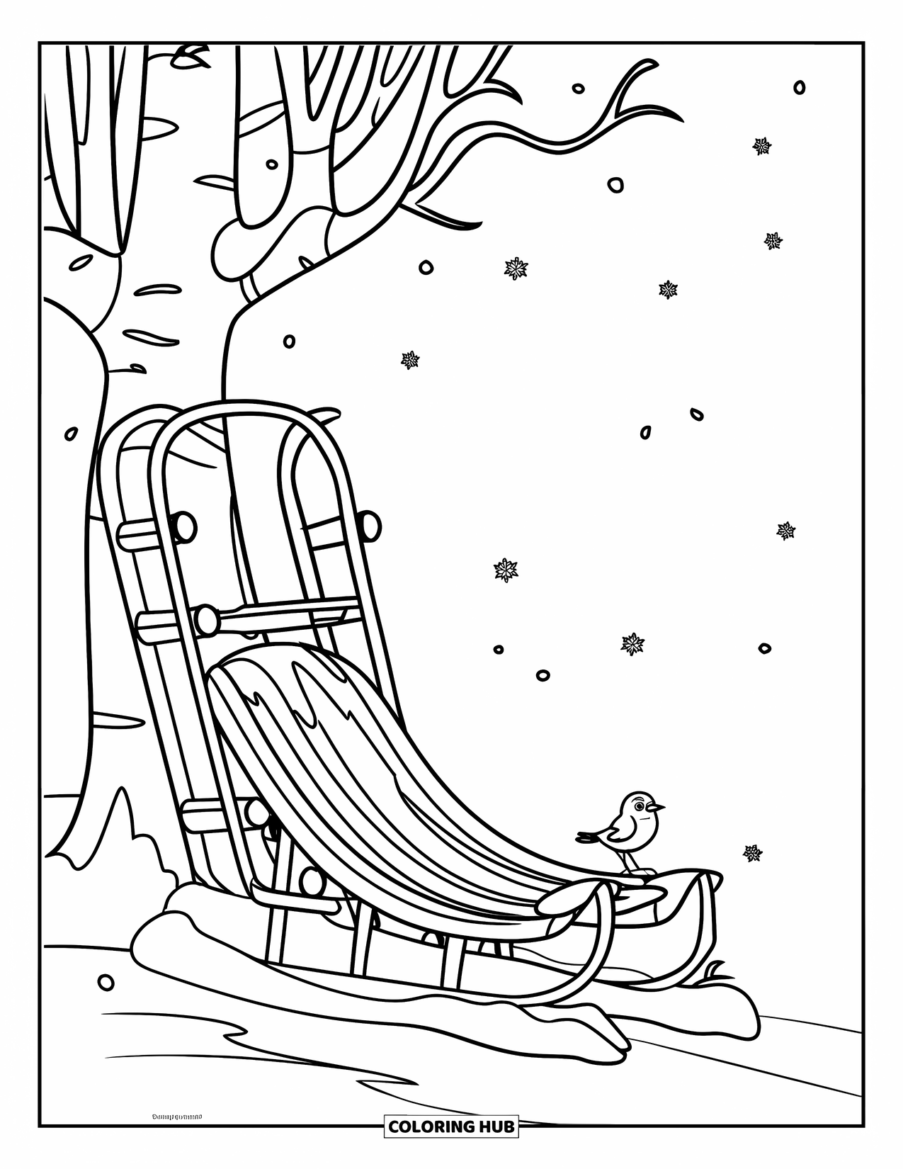 Winter Kleurplaat voor Kinderen: Een vredig wintertafereel met een slee in de sneeuw en een vogel die op een nabijgelegen tak zit