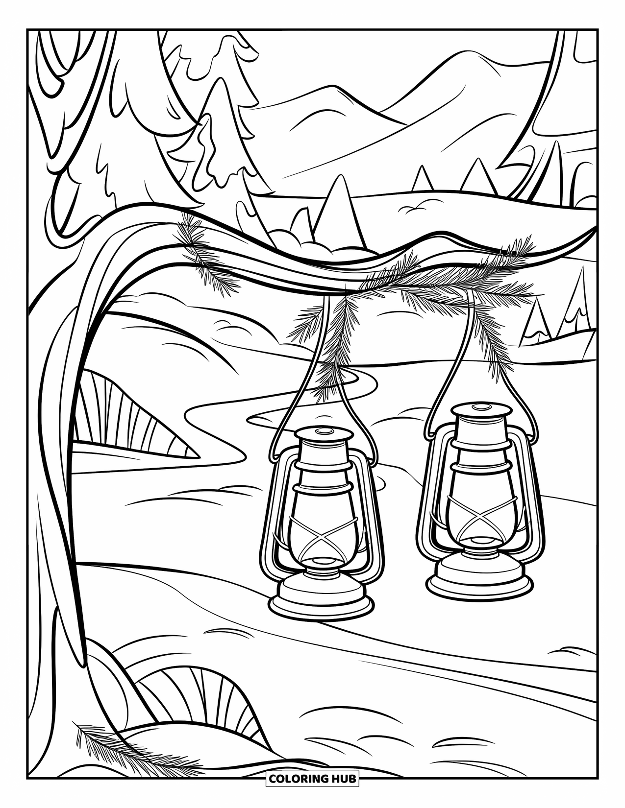 Winter Kleurplaat voor Kinderen: Een vredig wintertafereel met vintage lantaarns die aan een besneeuwde tak hangen, met uitzicht op een bergpad