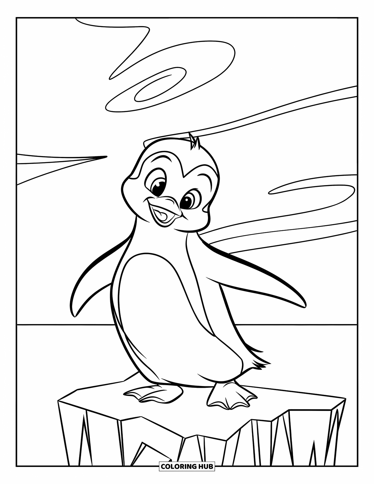 Winter Kleurplaat voor Kinderen: Een speelse pinguïn die met zijn vleugels klappert terwijl hij op een ijsberg staat met wervelende windpatronen