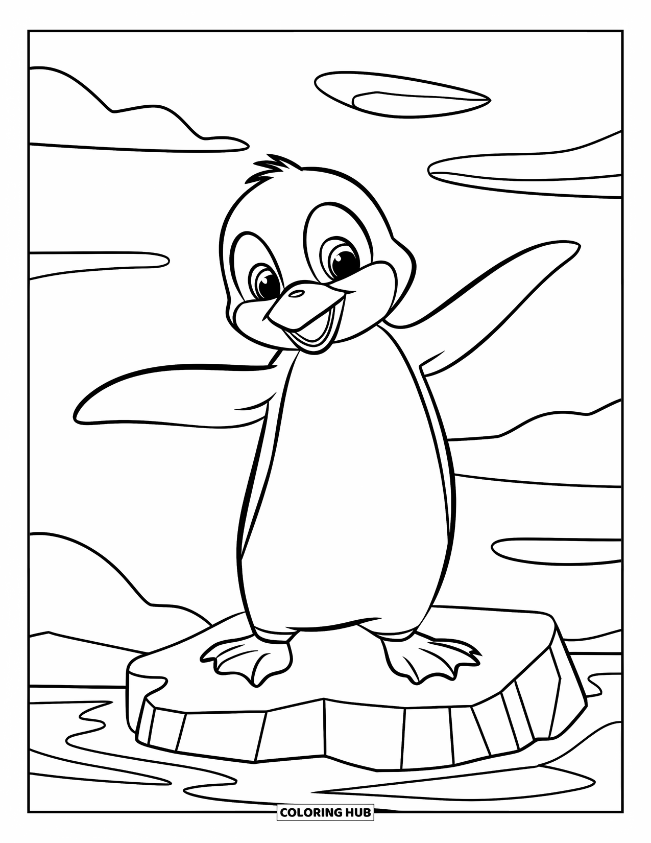 Winter Kleurplaat voor Kinderen: Een speelse pinguïn op een ijsberg met wervelende windpatronen op de achtergrond