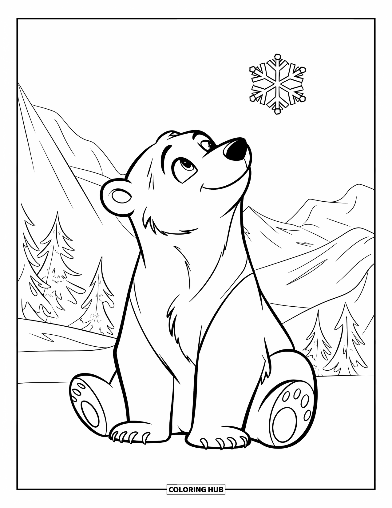 Winter Kleurplaat voor Kinderen: Een speelse ijsbeer die opkijkt naar een sneeuwvlok, met besneeuwde bergen op de achtergrond