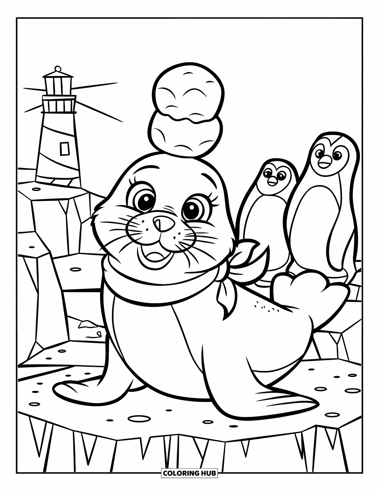 Winter Kleurplaat voor Kinderen: Een speelse zeehond met grote ogen en een sjaal, die een sneeuwbal balanceert in de buurt van pinguïns en een vuurtoren