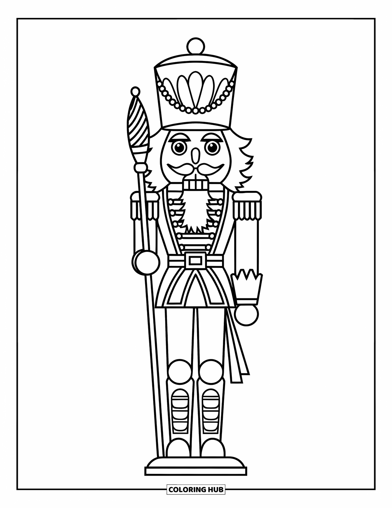 Winter Kleurplaat voor Kinderen: Een statige notenkrakersoldaat in een sierlijk winteruniform, die groot staat met een decoratieve staf