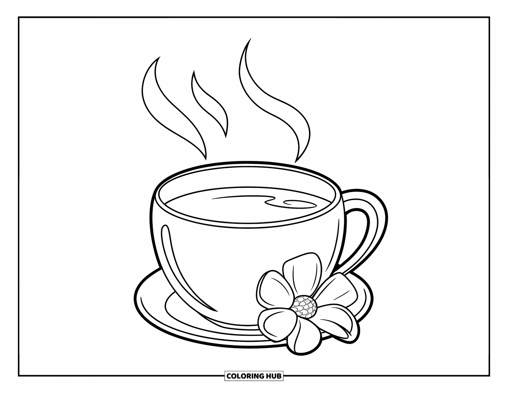 Winter Kleurplaat voor Kinderen: Een ronde mok warme thee met zacht wervelende stoom, rustend naast een delicate bloem