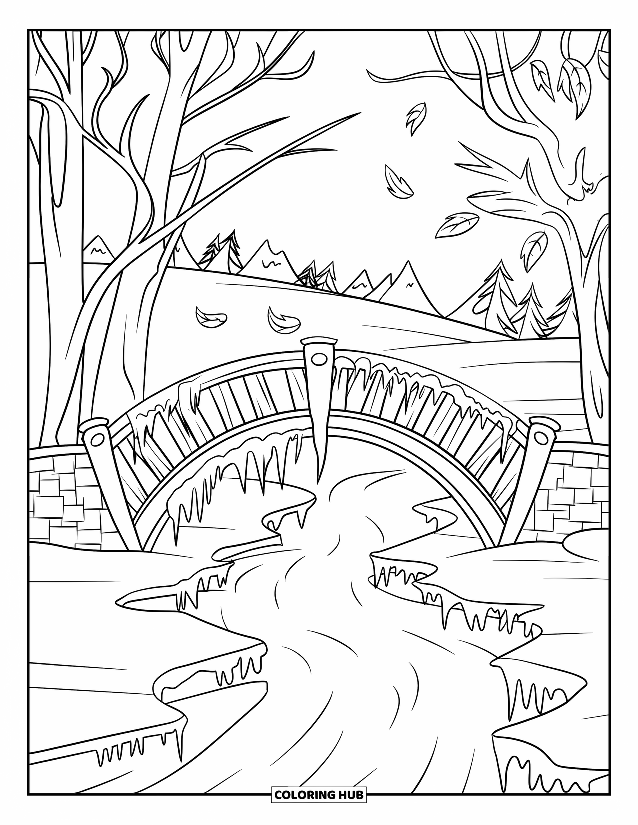 Winter Kleurplaat voor Kinderen: Een rustieke brug met houten planken en stenen pilaren die een bevroren beek kruist in een besneeuwd bos