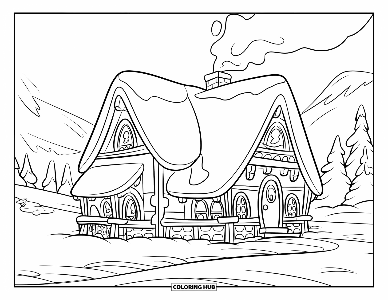 Winter Kleurplaat voor Kinderen: Een rustieke hut met een besneeuwd dak, krullende schoorsteenrook en een bergachtige achtergrond