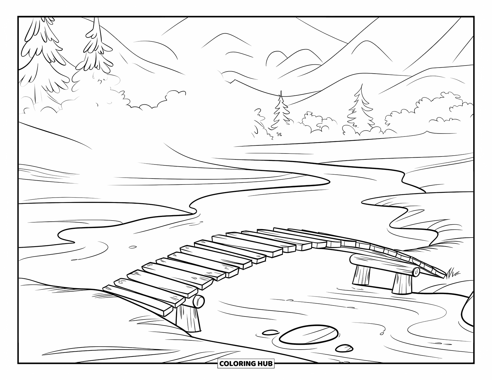 Winter Kleurplaat voor Kinderen: Een rustieke houten brug die een kalme winterrivier oversteekt, met mist die in de koude lucht drijft
