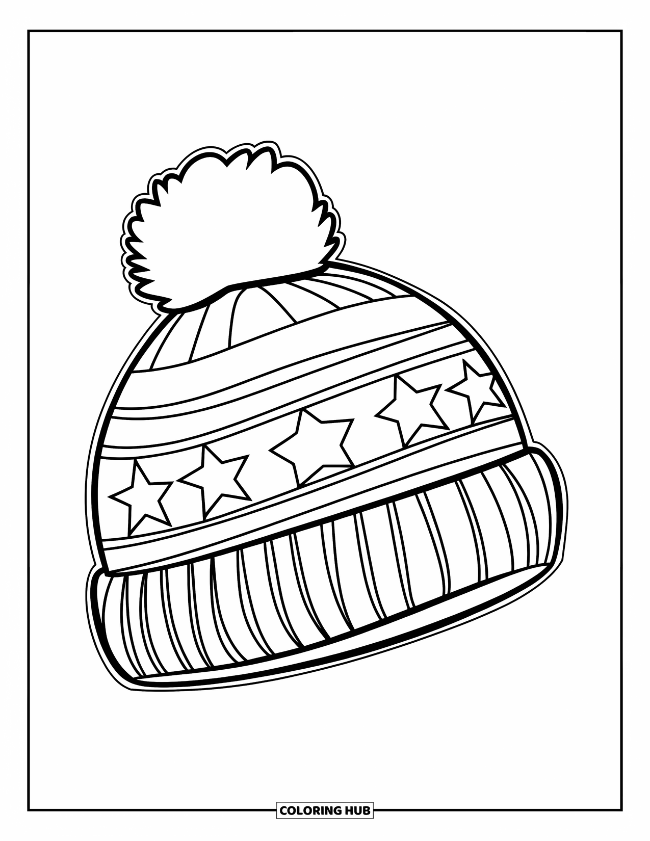 Winter Kleurplaat voor Kinderen: Een zijaanzicht van een wintermuts met sterren en strepen, met een grote pompon op de voorgrond