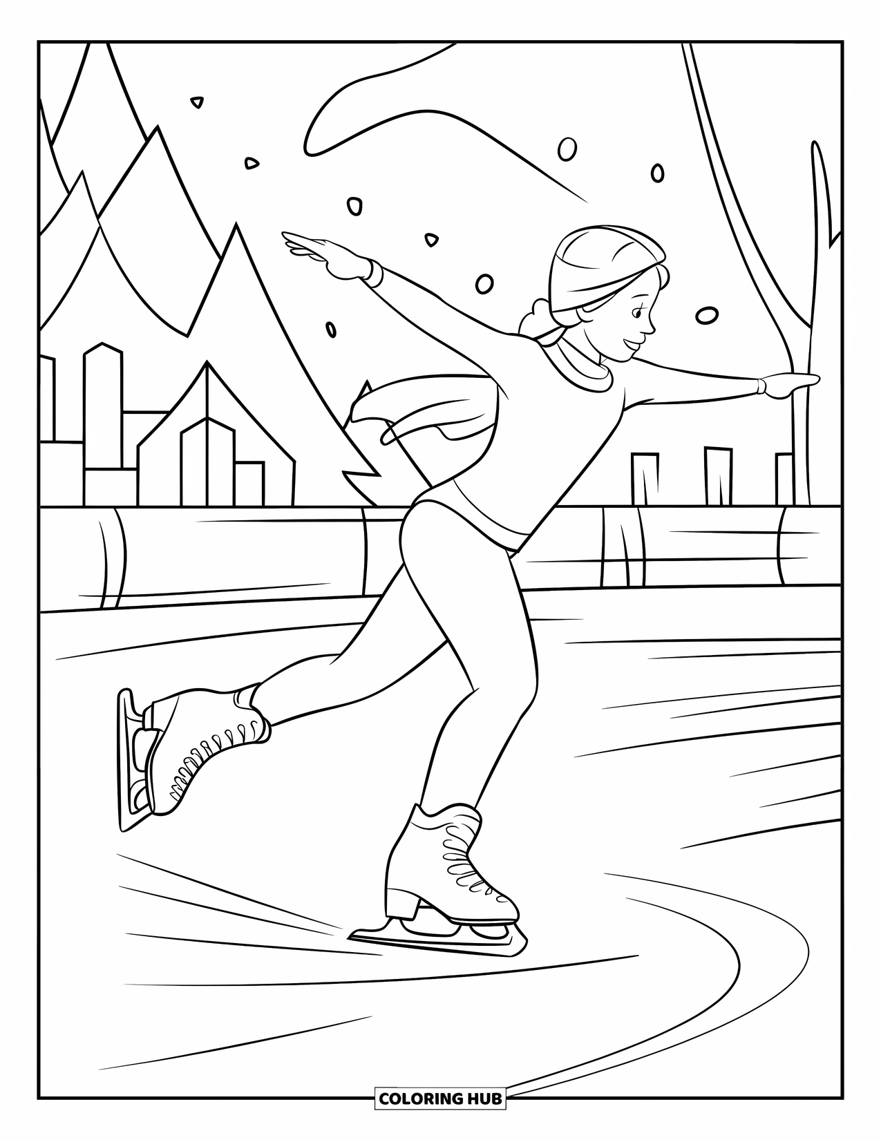 Winter Kleurplaat voor Kinderen: Een schaatser die over het ijs wervelt, met een winterse achtergrond van bomen en gebouwen in de verte