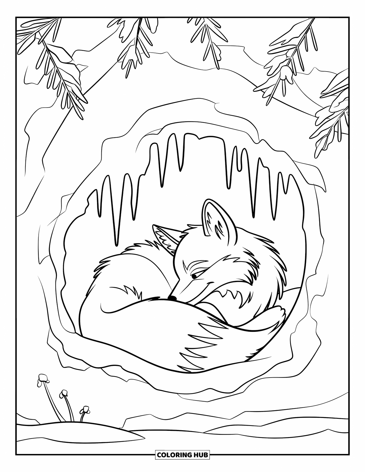 Winter Kleurplaat voor Kinderen: Een slapende vos genesteld in een met sneeuw bedekt hol, met ijspegels en delicate winterbloemen
