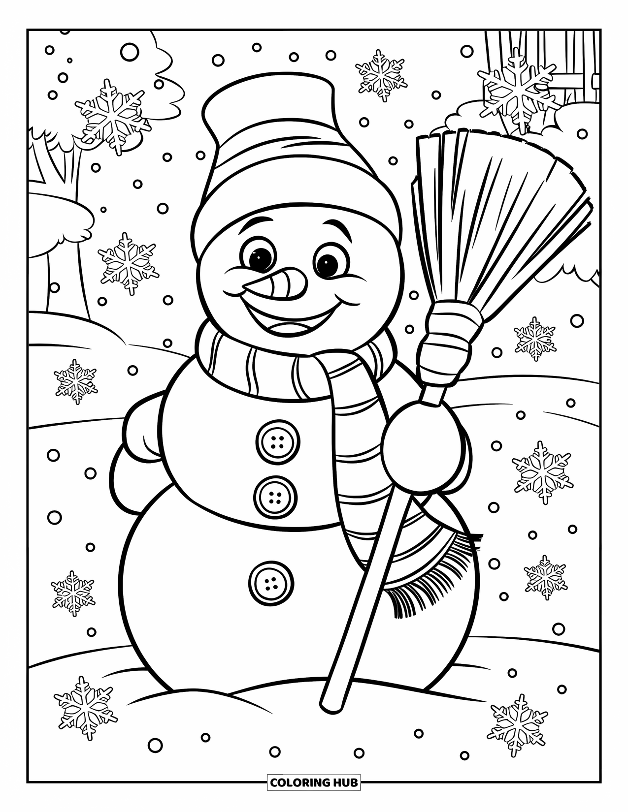 Winter Kleurplaat voor Kinderen: Een lachende sneeuwpop met knoopogen, een sjaal en een bezemsteel, die in een besneeuwd landschap staat