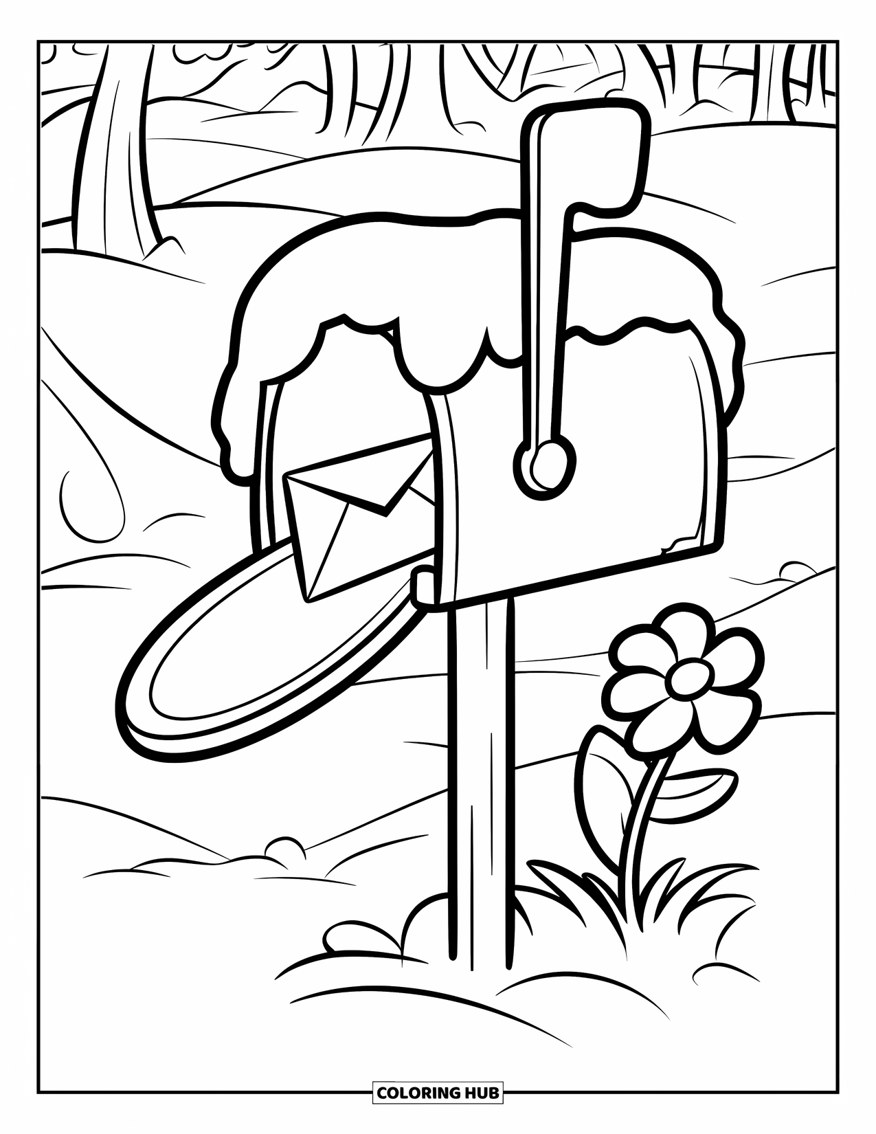 Winter Kleurplaat voor Kinderen: Een met sneeuw bedekte brievenbus met een enkele brief die eruit steekt, staand naast een bloeiende winterbloem