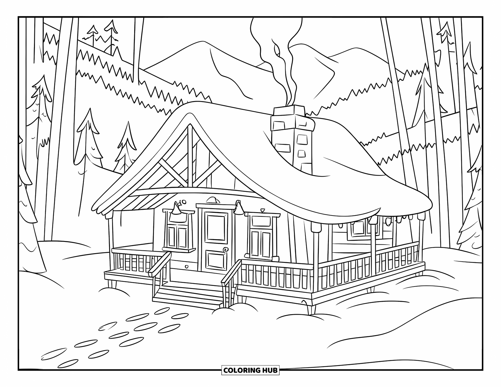 Winter Kleurplaat voor Kinderen: Een besneeuwde boshut met een houten veranda, voetstappen die naar de deur leiden en bergen erachter