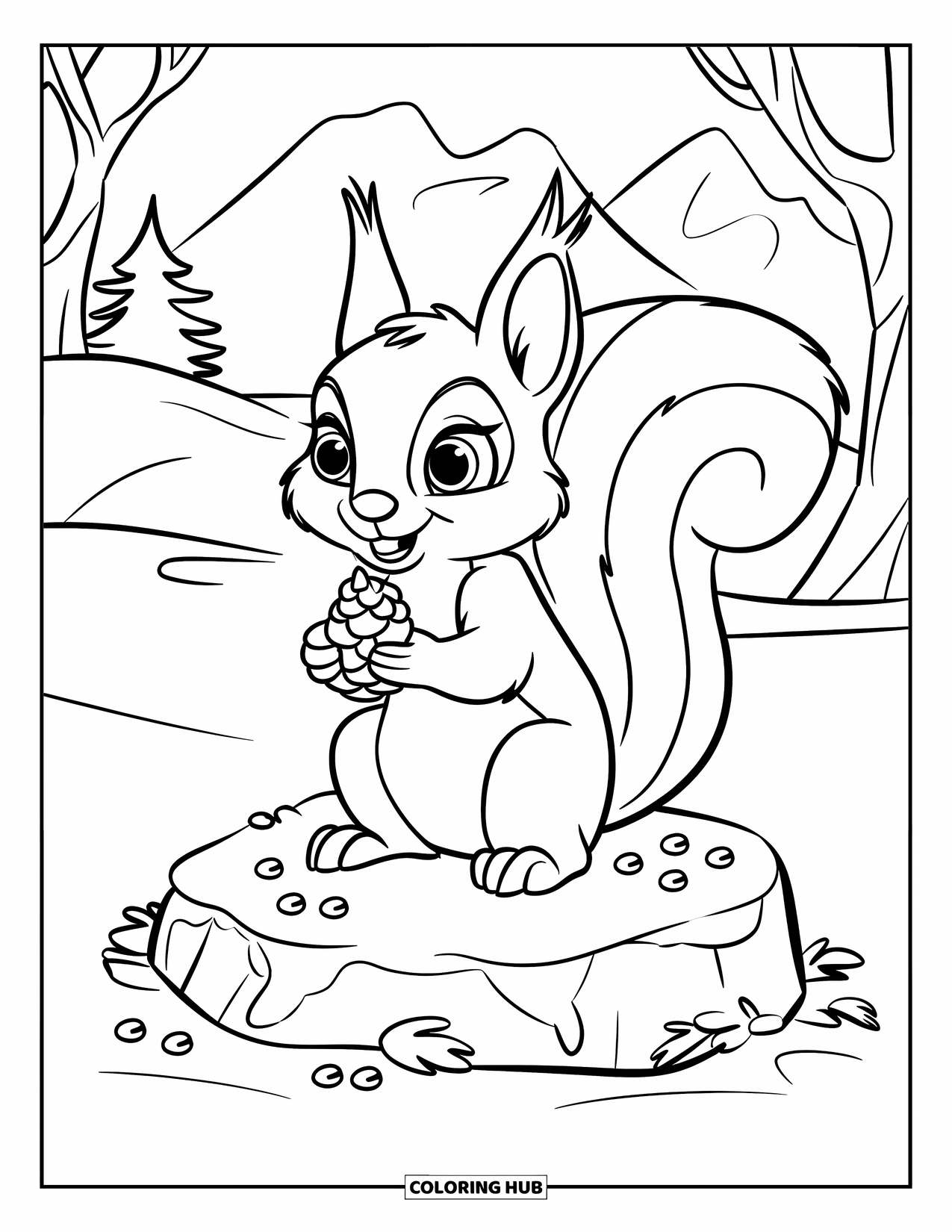 Winter Kleurplaat voor Kinderen: Een eekhoorn met grote, expressieve ogen die een kleine dennenappel vasthoudt, zittend op een besneeuwde rots met winterbessen